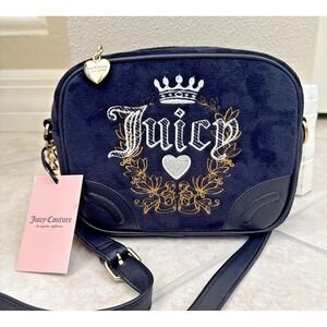 NEW Juicy Couture Velour Black licorice Heritage Crossbody Embroider Camera Bag